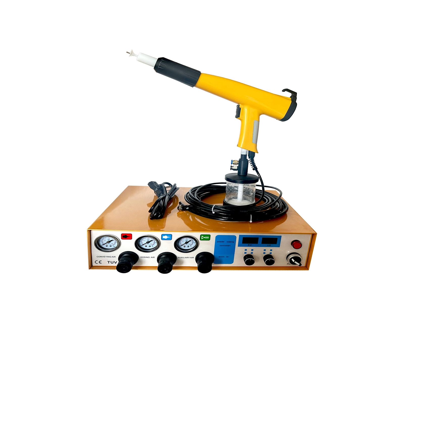 K&auml;tev&auml; k&auml;dess&auml; pidett&auml;v&auml; jauhekuppi K&auml;ytetty s&auml;hk&ouml;staattinen jauheruiskupistooli maalauslasien rakennusteollisuuden jauhekone